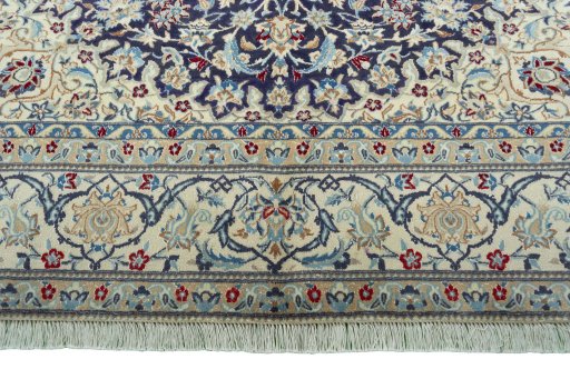 Full view of 1970s Nain rug from Iran / Persia, 301 × 201 cm in Blue tones