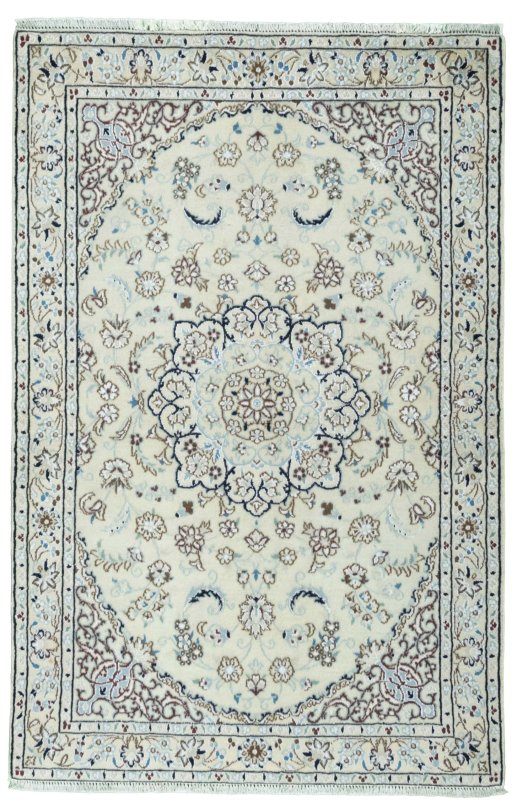 Full view of 2000s Nain rug from Iran / Persia, 146 × 96 cm in Beige tones