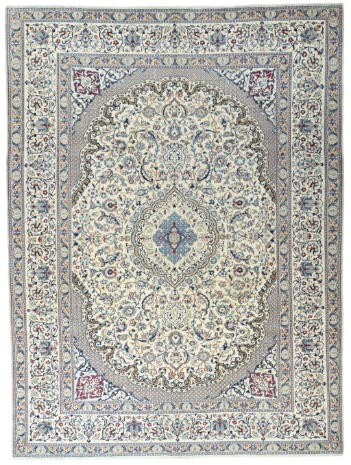 Full view of 2000s Nain rug from Iran / Persia, 388 × 290 cm in Beige tones