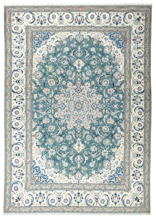 Full view of 2000s Nain rug from Iran / Persia, 420 × 297 cm in Green tones
