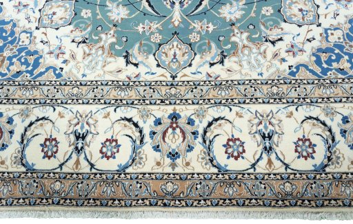 Full view of 2000s Nain rug from Iran / Persia, 420 × 297 cm in Green tones