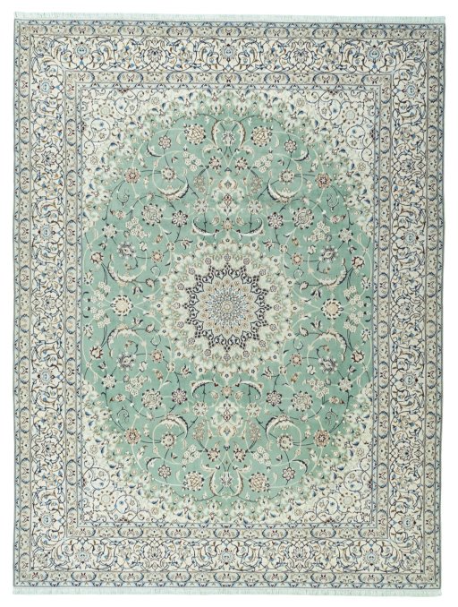 Full view of 2000s Nain rug from Iran / Persia, 395 × 300 cm in Green tones