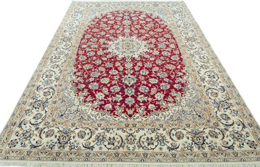 Surface texture of 2000s Nain rug with natural Wool and intricate pattern