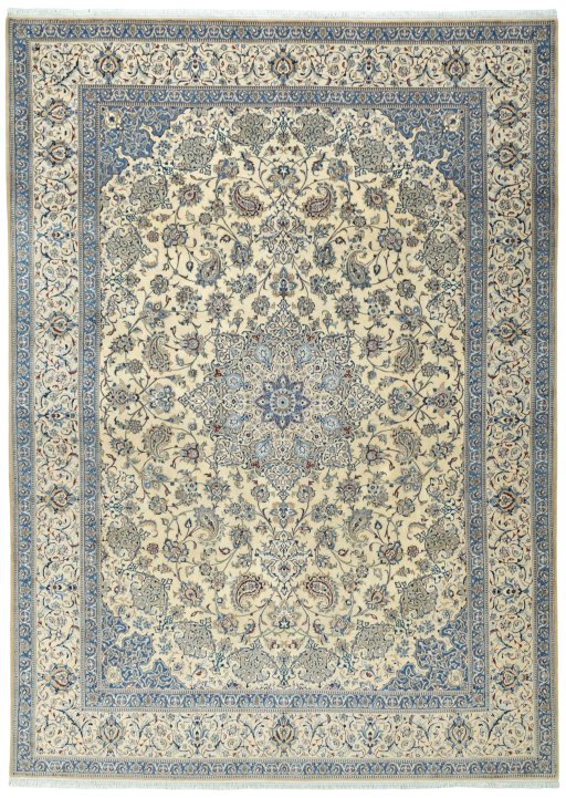 Full view of 2000s Nain rug from Iran / Persia, 441 × 317 cm in Beige tones