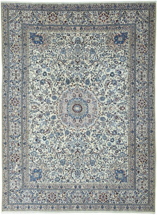 Full view of New Nain rug from Iran / Persia, 391 × 292 cm in Beige tones