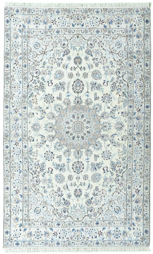 Full view of 2000s Nain rug from Iran / Persia, 242 × 150 cm in Beige tones