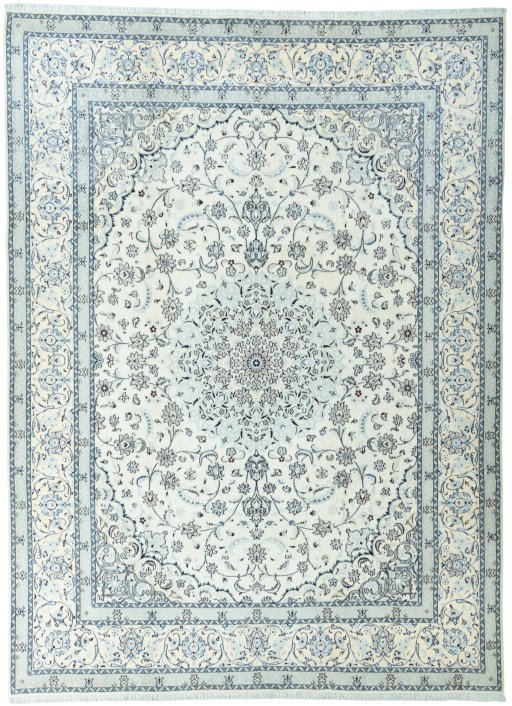 Full view of 2000s Nain rug from Iran / Persia, 395 × 291 cm in Beige tones