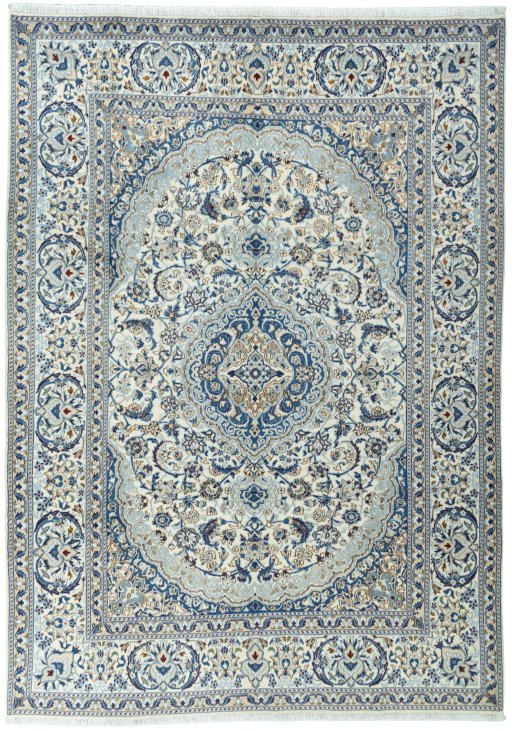 Full view of 2000s Nain rug from Iran / Persia, 336 × 241 cm in Beige tones