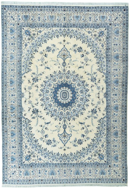 Full view of New Nain rug from Iran / Persia, 350 × 248 cm in Beige tones