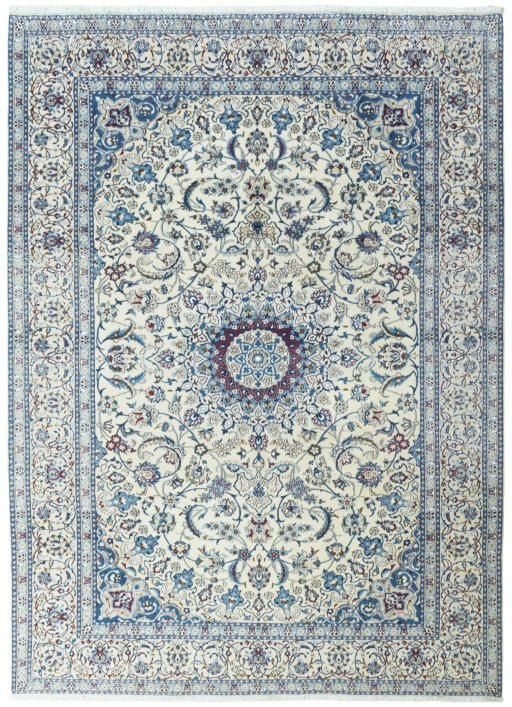 Full view of 2000s Nain rug from Iran / Persia, 351 × 255 cm in Beige tones
