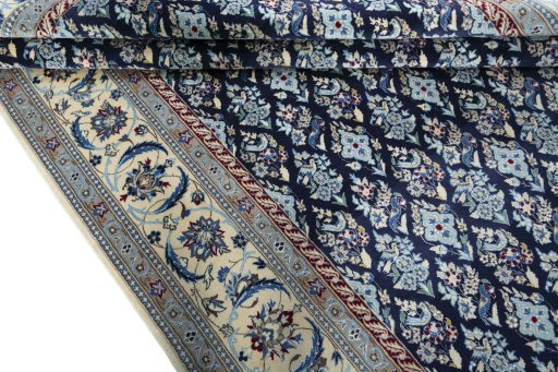 Full view of New Nain rug from Iran / Persia, 297 × 204 cm in Blue tones