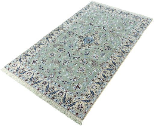 Corner detail of New Nain rug showing border pattern and Wool pile