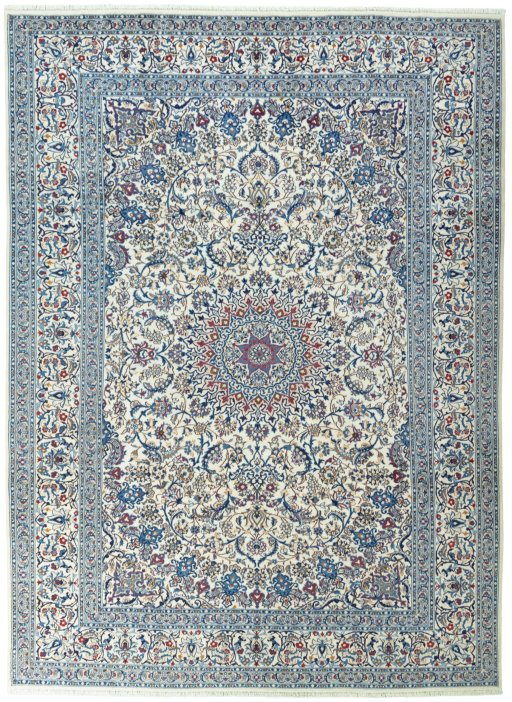 Full view of New Nain rug from Iran / Persia, 407 × 297 cm in Beige tones