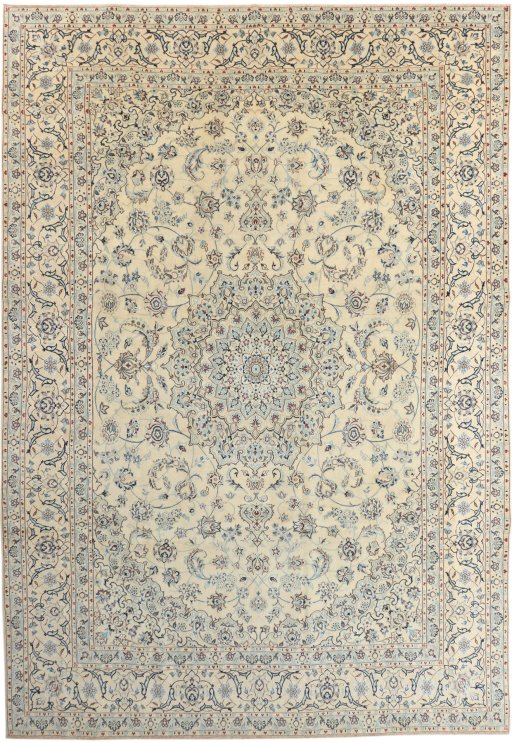Full view of 1990s Nain rug from Iran / Persia, 375 × 255 cm in Cream tones