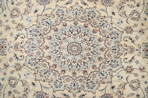 Full view of 1990s Nain rug from Iran / Persia, 375 × 255 cm in Cream tones