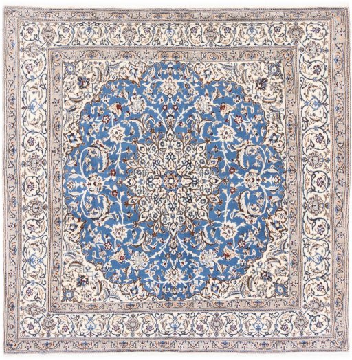 Full view of 1985s Nain rug from Iran / Persia, 200 × 195 cm in Blue tones