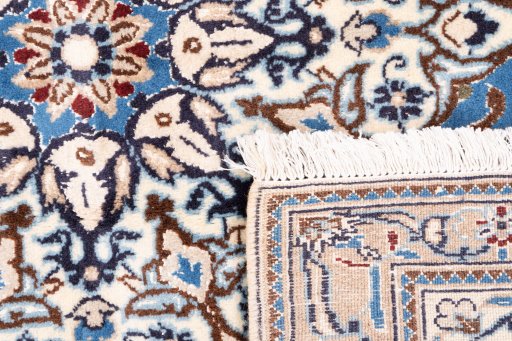Full view of 1985s Nain rug from Iran / Persia, 200 × 195 cm in Blue tones