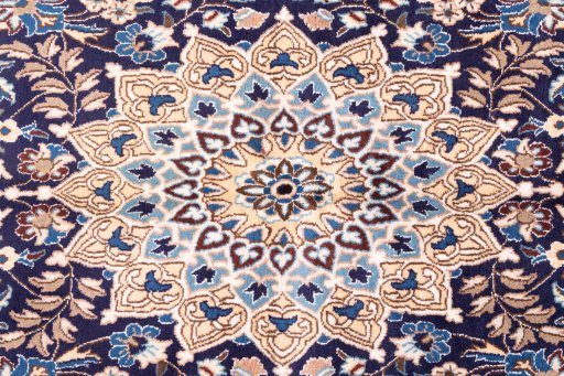 Full view of 1988s Nain rug from Iran / Persia, 200 × 113 cm in Dark blue tones