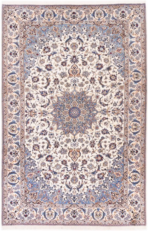 Full view of 1988s Nain rug from Iran / Persia, 332 × 220 cm in Cream tones