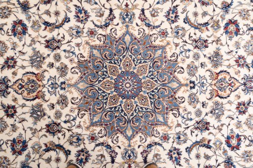 Full view of 1988s Nain rug from Iran / Persia, 332 × 220 cm in Cream tones