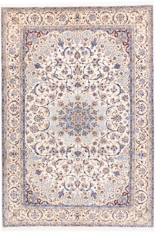 Full view of 1987s Nain rug from Iran / Persia, 310 × 213 cm in Cream tones