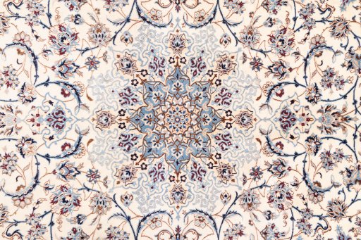 Full view of 1987s Nain rug from Iran / Persia, 310 × 213 cm in Cream tones