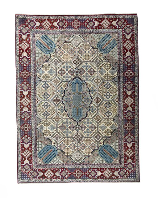 Full view of 2000s Najafabad rug from Iran / Persia, 436 × 322 cm in Beige tones