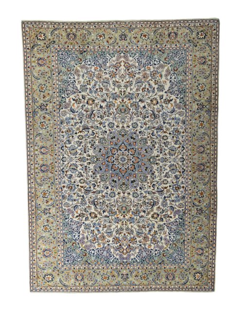 Full view of 2000s Najafabad rug from Iran / Persia, 382 × 272 cm in Beige tones