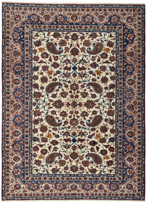Full view of 1950s Najafabad rug from Iran / Persia, 342 × 250 cm in Beige tones