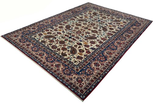 Corner detail of 1950s Najafabad rug showing border pattern and Wool pile