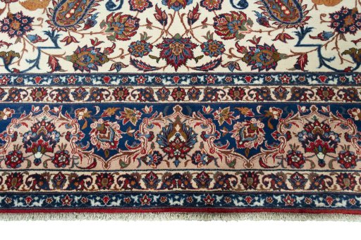 Full view of 1950s Najafabad rug from Iran / Persia, 342 × 250 cm in Beige tones