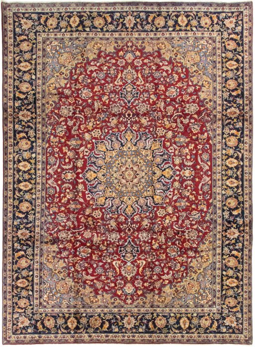 Full view of 1990s Najafabad rug from Iran / Persia, 400 × 290 cm in Red tones