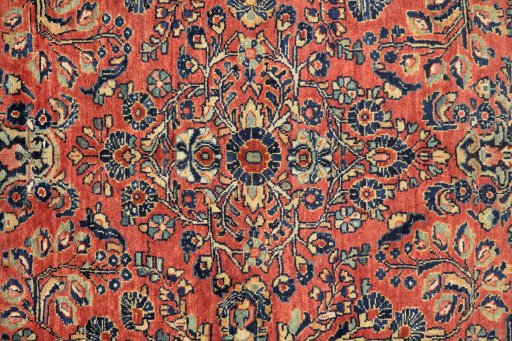 Close-up detail of 1920s Sarough rug from Iran / Persia showing Wool weave