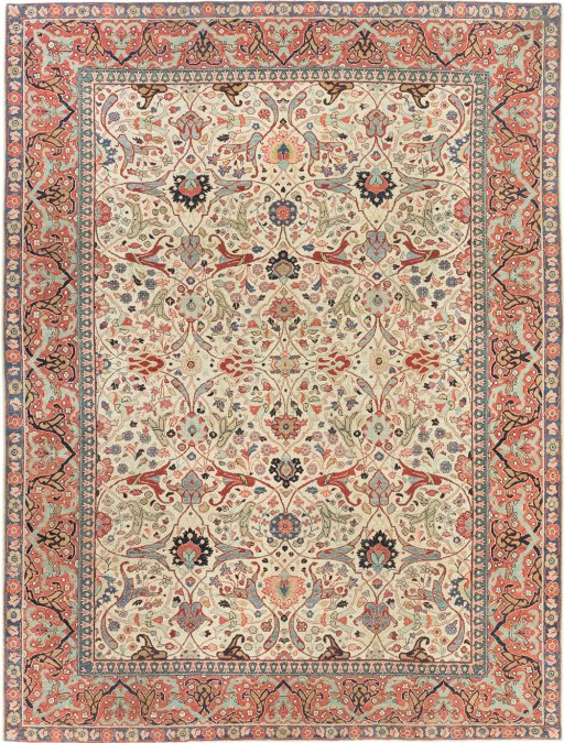 Full view of 1920s Sarough rug from Iran / Persia, 338 × 257 cm in Cream tones