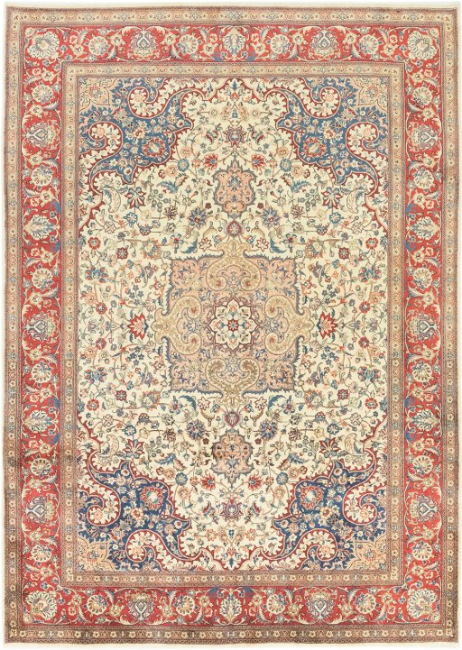 Full view of 1970s Sarough rug from Iran / Persia, 351 × 251 cm in Cream tones