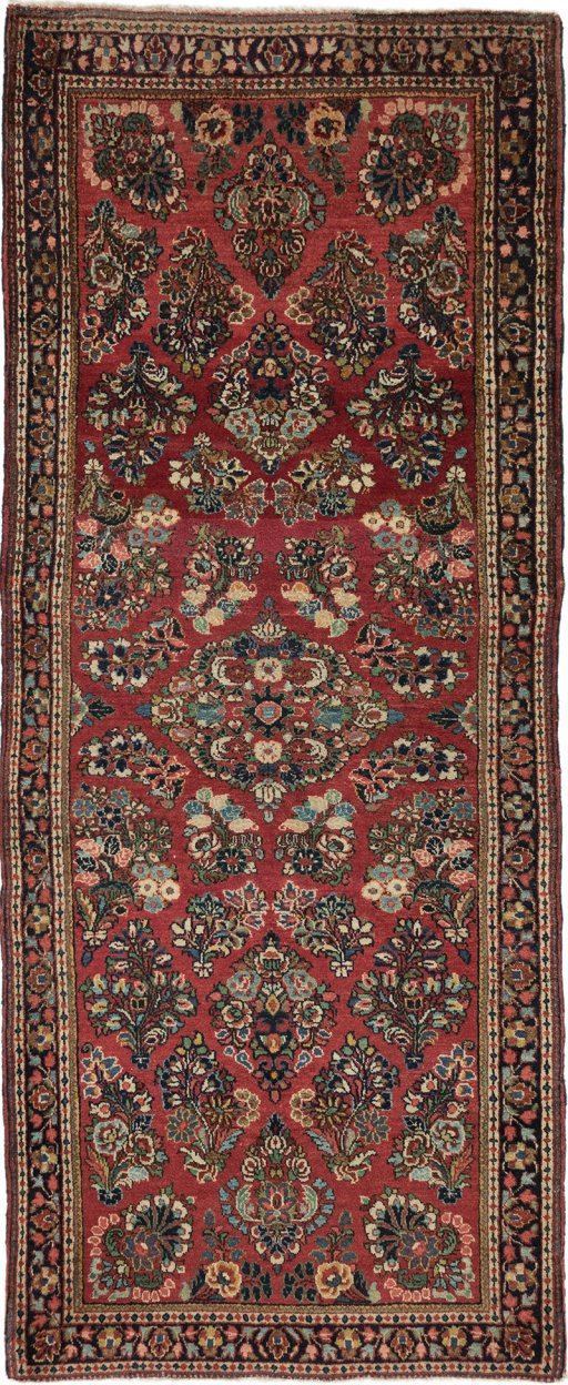 Full view of 1950s Sarough rug from Iran / Persia, 195 × 80 cm in Red tones