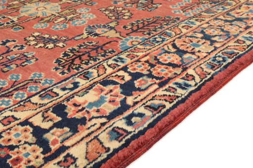 Backside of handmade 1920s Sarough rug showing knot structure and weave density