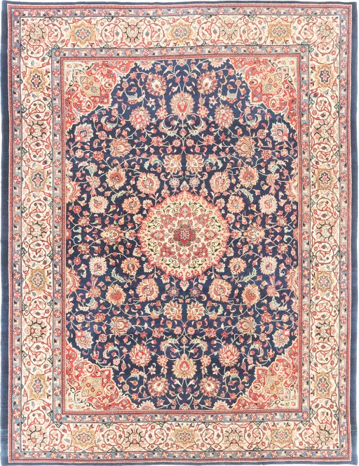 Full view of 1950s Sarough rug from Iran / Persia, 370 × 280 cm in Dark blue tones