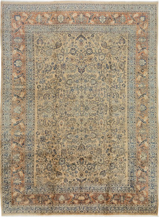 Full view of 1940s Sarough rug from Iran / Persia, 462 × 343 cm in Terracotta tones