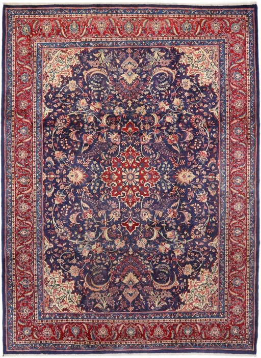 Full view of 1990s Sarough rug from Iran / Persia, 351 × 262 cm in Dark blue tones