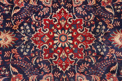 Full view of 1990s Sarough rug from Iran / Persia, 351 × 262 cm in Dark blue tones