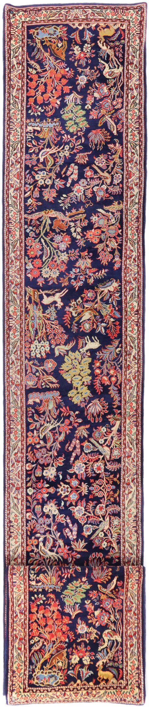 Full view of 1960s Sarough rug from Iran / Persia, 564 × 80 cm in Dark blue tones