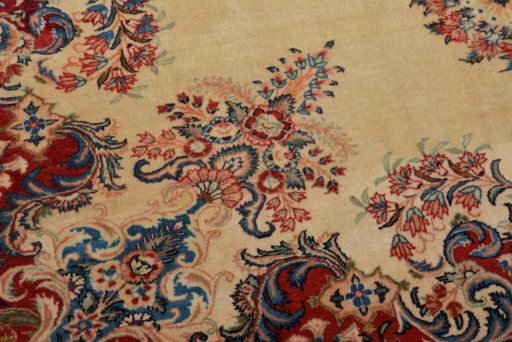 Backside of handmade 1950s Sarough rug showing knot structure and weave density