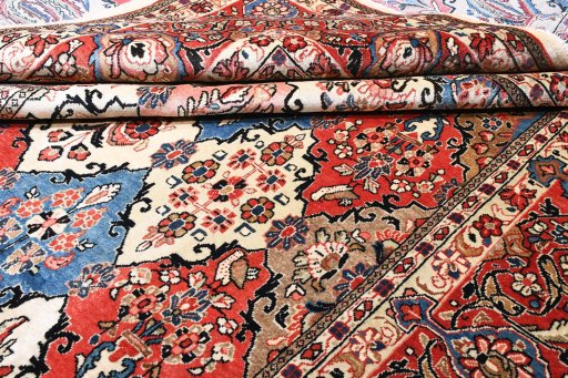 Full view of 2000s Sarough rug from Iran / Persia, 382 × 267 cm in Multi Color tones