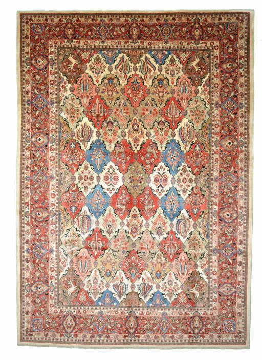 Full view of 2000s Sarough rug from Iran / Persia, 382 × 267 cm in Multi Color tones