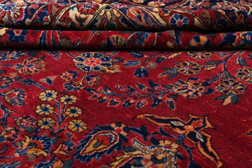 Corner detail of 1930s Sarough rug showing border pattern and Cork pile