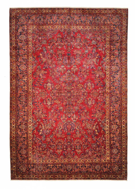 Full view of 1930s Sarough rug from Iran / Persia, 447 × 303 cm in Red tones