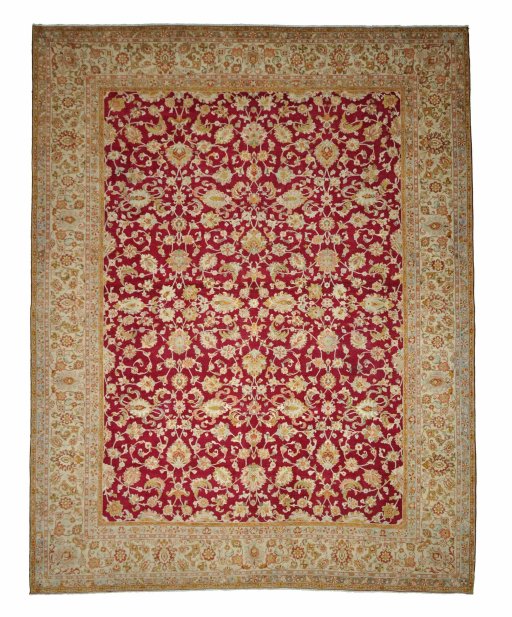 Full view of 1950s Sarough rug from Iran / Persia, 405 × 316 cm in Red tones