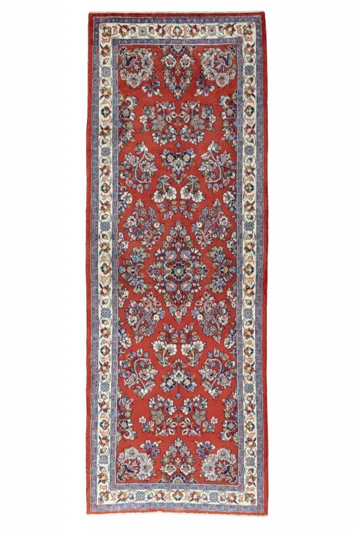 Full view of New Sarough rug from Iran / Persia, 220 × 80 cm in Red tones