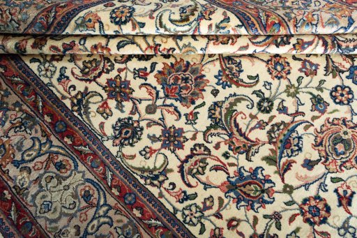 Close-up detail of 2000s Sarough rug from Iran / Persia showing Wool weave